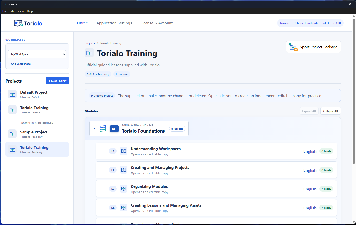 Torialo workspace showing projects, modules and lessons